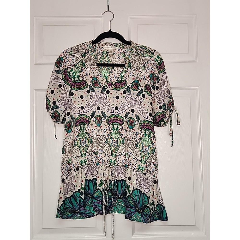 Trinity Anthropologie 100% Silk Blue & Green Butterflys Short Sleeve Top Fairy